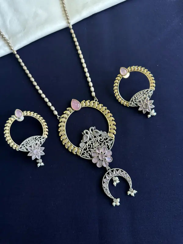 Handcrafted Dual Tone Multi Stone Pendant – Brass, Copper & Semi-Precious Stone-Long Necklace Sets
