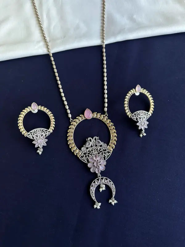 Handcrafted Dual Tone Multi Stone Pendant – Brass, Copper & Semi-Precious Stone-Long Necklace Sets