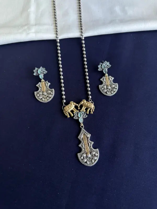 Handcrafted Dual Tone Pendant – Blue Semi-Precious Stone in Brass & German Silver-Long Necklace Sets