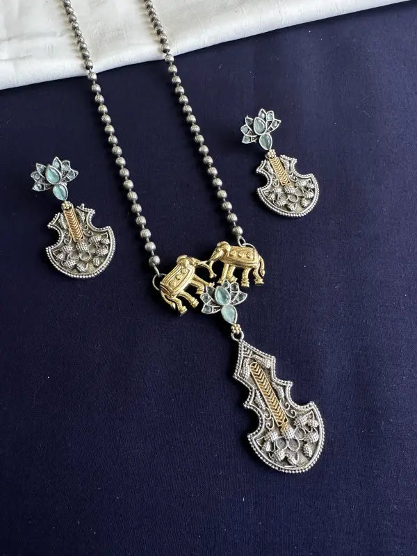 Handcrafted Dual Tone Pendant – Blue Semi-Precious Stone in Brass & German Silver-Long Necklace Sets