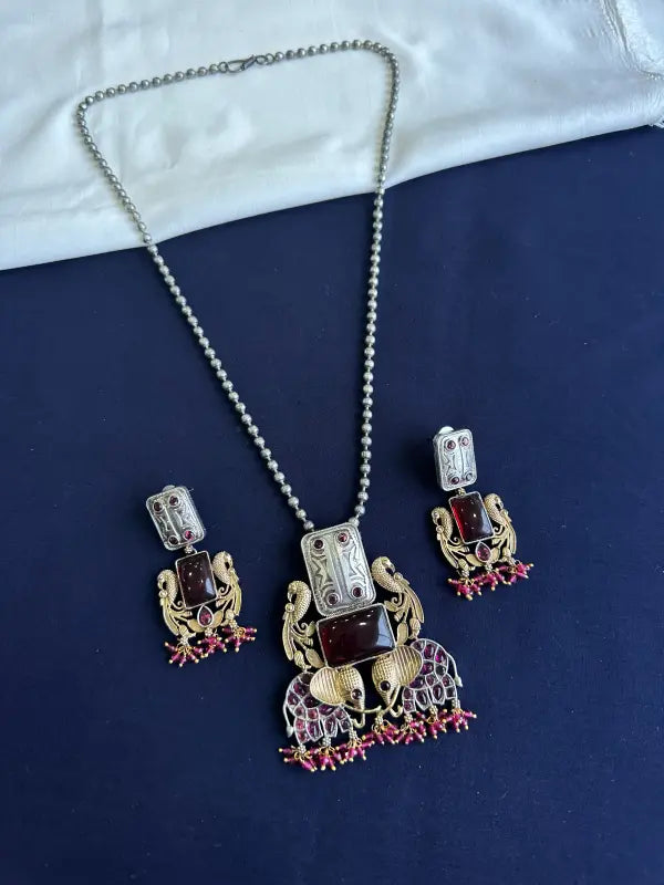 Handcrafted Dual-Tone Necklace with Semi-Precious Stones and Beadwork-Long Necklace Sets