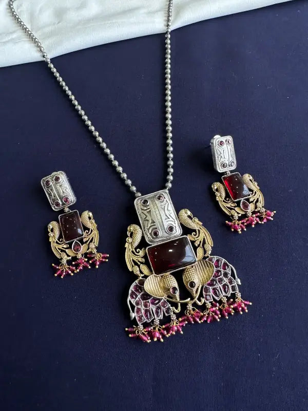 Handcrafted Dual-Tone Necklace with Semi-Precious Stones and Beadwork-Long Necklace Sets