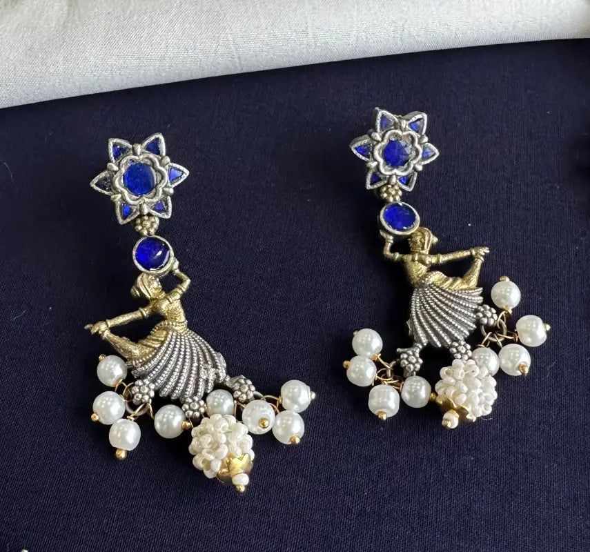 Stunning Blue Handcrafted Brass and German Silver Necklace-Regular Necklace Sets