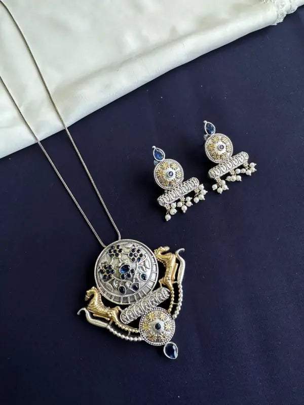 Handcrafted Shiny Dual-Tone Necklace with Semi-Precious Stones & Beadwork-Long Necklace Sets