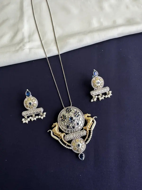 Handcrafted Shiny Dual-Tone Necklace with Semi-Precious Stones & Beadwork-Long Necklace Sets