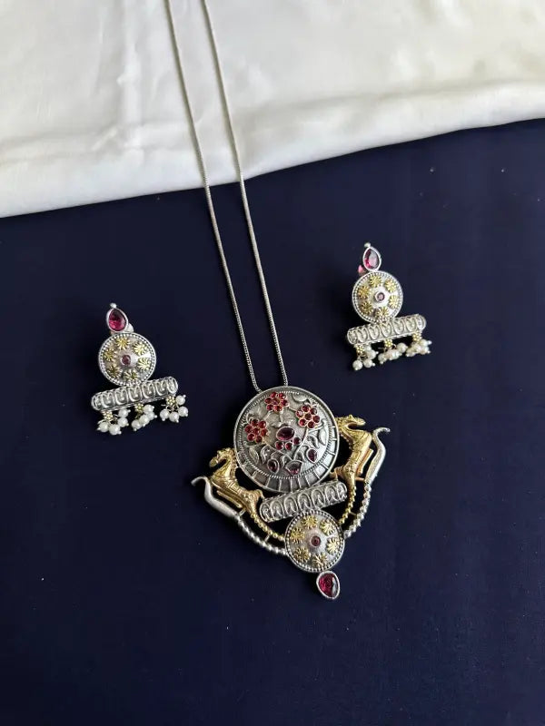 Handcrafted Shiny Dual-Tone Necklace with Semi-Precious Stones & Beadwork-Long Necklace Sets