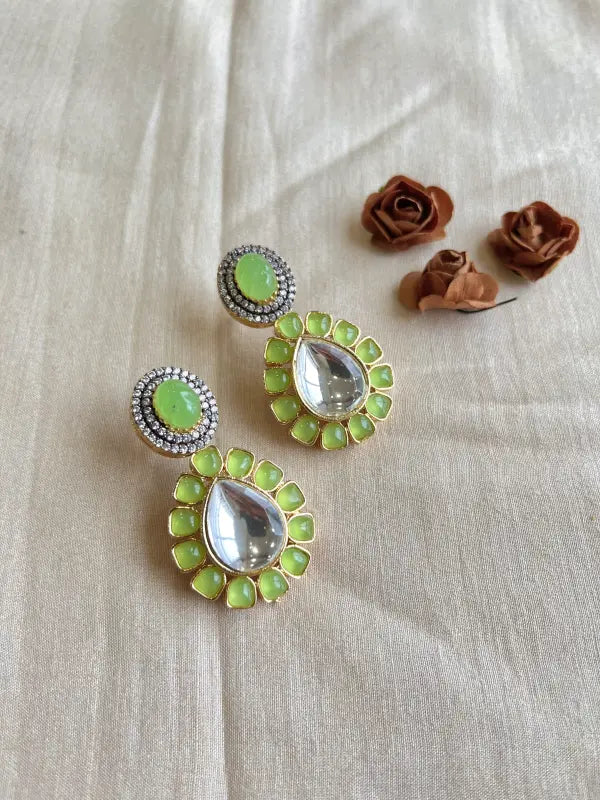 Handcrafted Green Copper and Polki Necklace with Cubic Zirconia
-Stud, Drop Earrings