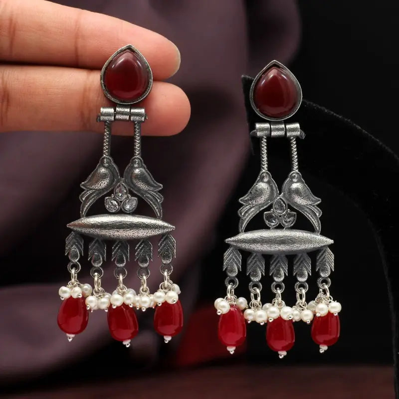 Handcrafted Maroon Drop Earrings with Brass and Precious Stones-Earrings