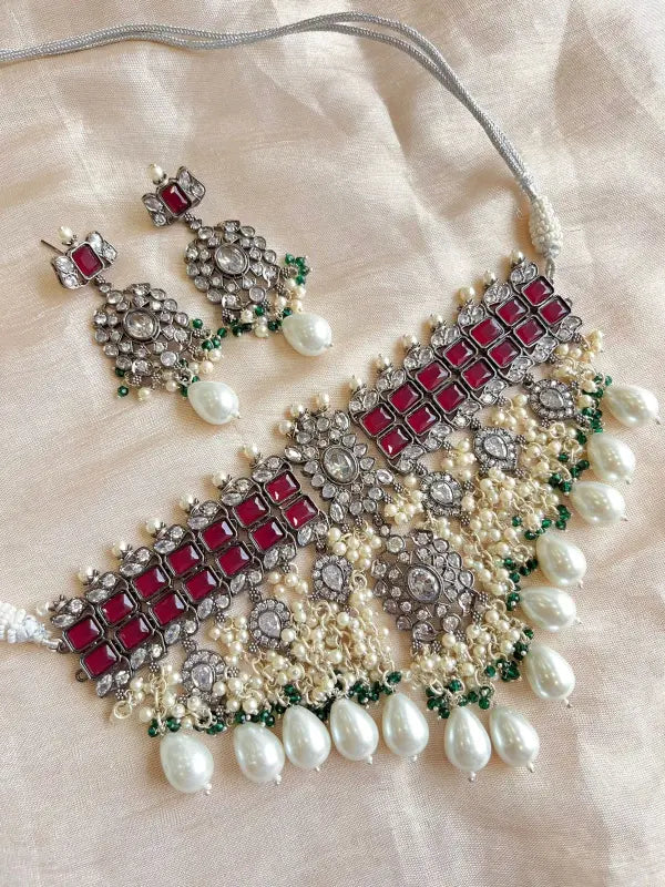 Stunning Handcrafted Jewelry Set with Cultured Pearls and Semi-Precious Stones-Choker Necklace Sets