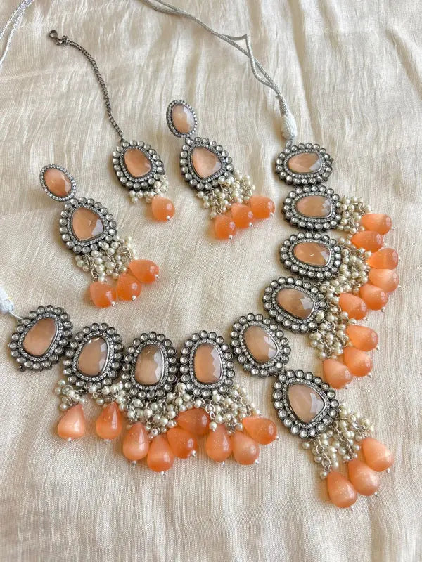 Handcrafted Necklace with Copper, Polki, and Semi-Precious Stones-Regular, Maangtika Necklace Sets