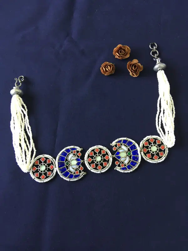 Multi-Colored Kundan Beadwork Necklace in Silver Tone-Choker Necklaces