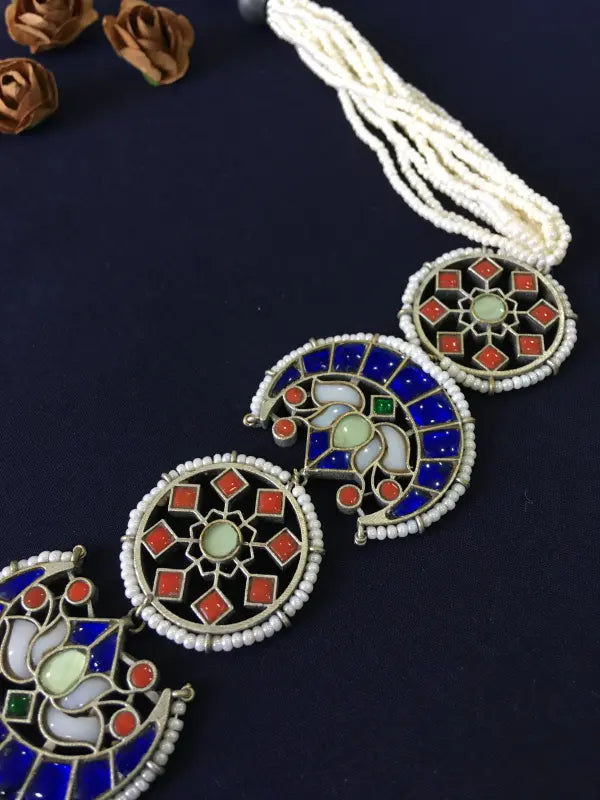 Multi-Colored Kundan Beadwork Necklace in Silver Tone-Choker Necklaces