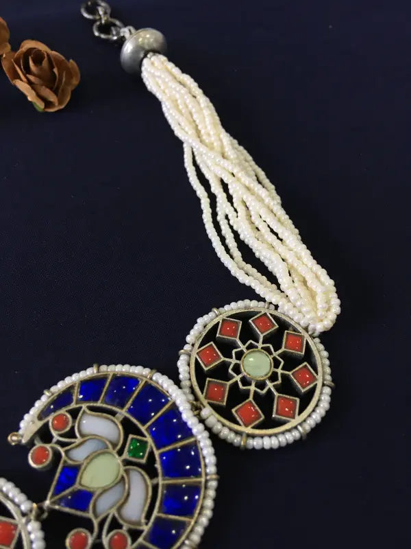 Multi-Colored Kundan Beadwork Necklace in Silver Tone-Choker Necklaces