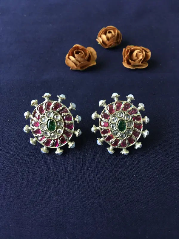 Handcrafted Shiny Silver-Tone Magenta Earring with Brass, German Silver, Semi-Precious Stones & Beads-Stud
