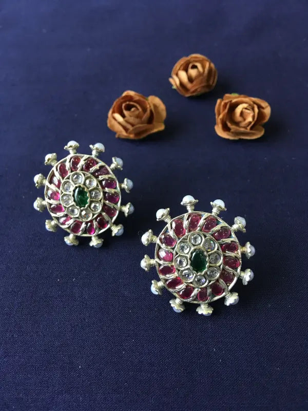 Handcrafted Shiny Silver-Tone Magenta Earring with Brass, German Silver, Semi-Precious Stones & Beads-Stud