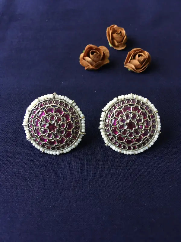 Handcrafted Silver-Tone Magenta Necklace with Brass, German Silver, Semi-Precious Stones & Beads-Stud Earrings