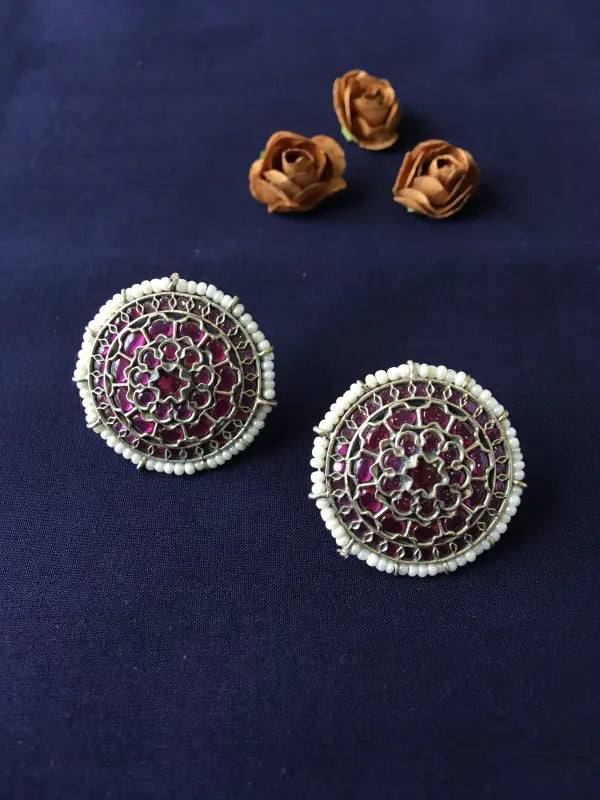 Handcrafted Silver-Tone Magenta Necklace with Brass, German Silver, Semi-Precious Stones & Beads-Stud Earrings