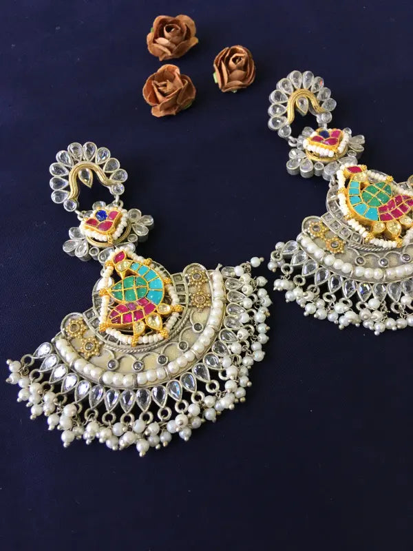 Stunning Multi-Color Pachi Kundan Handcrafted Necklace-Chandbali Earrings