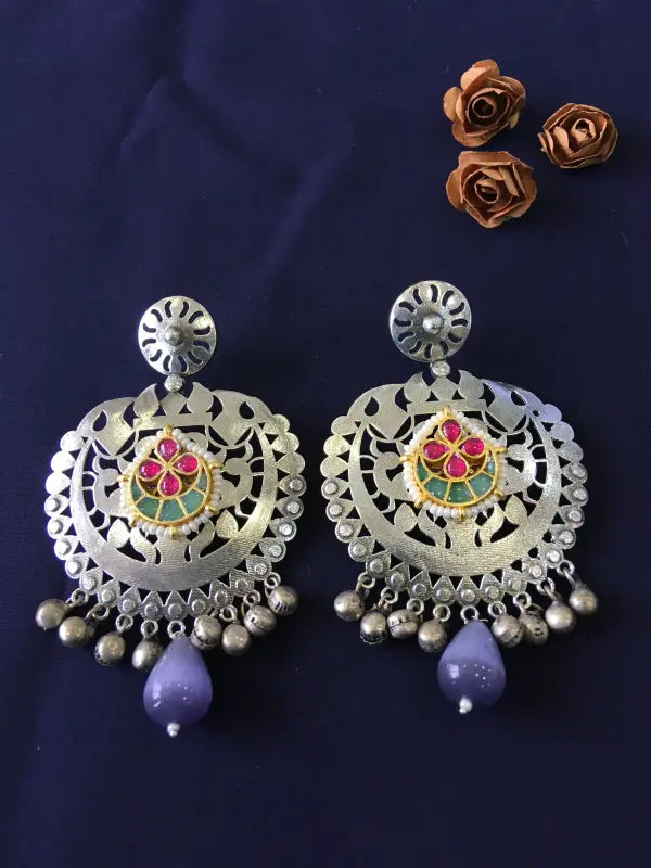 Oxidized Purple Pachi Kundan Necklace with Handcrafted Beadwork-Chandbali Earrings