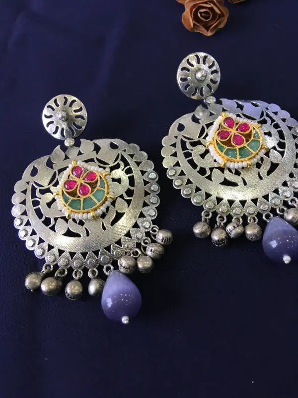 Oxidized Purple Pachi Kundan Necklace with Handcrafted Beadwork-Chandbali Earrings