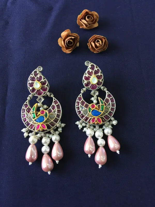 Handcrafted Magenta Pachi Kundan Necklace with Semi-Precious Stones and Beads-Chandbali Earrings