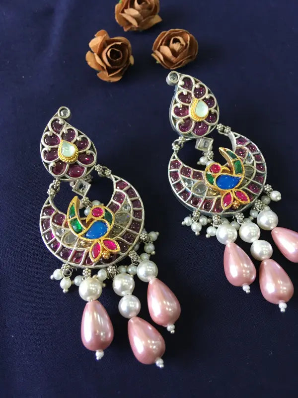 Handcrafted Magenta Pachi Kundan Necklace with Semi-Precious Stones and Beads-Chandbali Earrings
