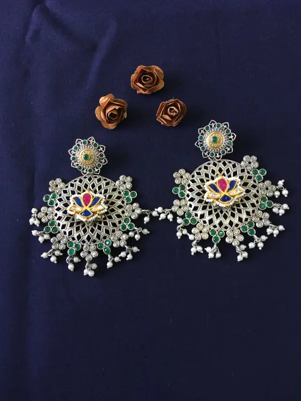 Handcrafted Dual Tone Pachi Kundan Jaali Necklace with Semi-Precious Stones-Drop Earrings