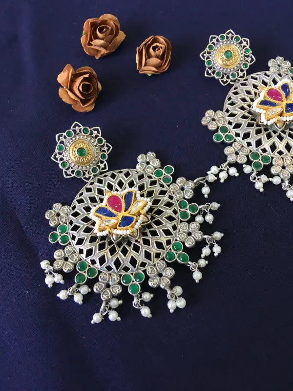 Handcrafted Dual Tone Pachi Kundan Jaali Necklace with Semi-Precious Stones-Drop Earrings