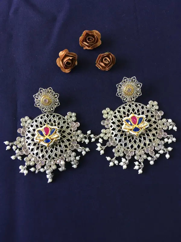 Handcrafted Dual Tone Pachi Kundan Jaali Necklace with Semi-Precious Stones-Drop Earrings