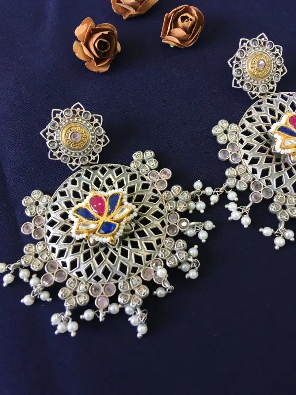 Handcrafted Dual Tone Pachi Kundan Jaali Necklace with Semi-Precious Stones-Drop Earrings