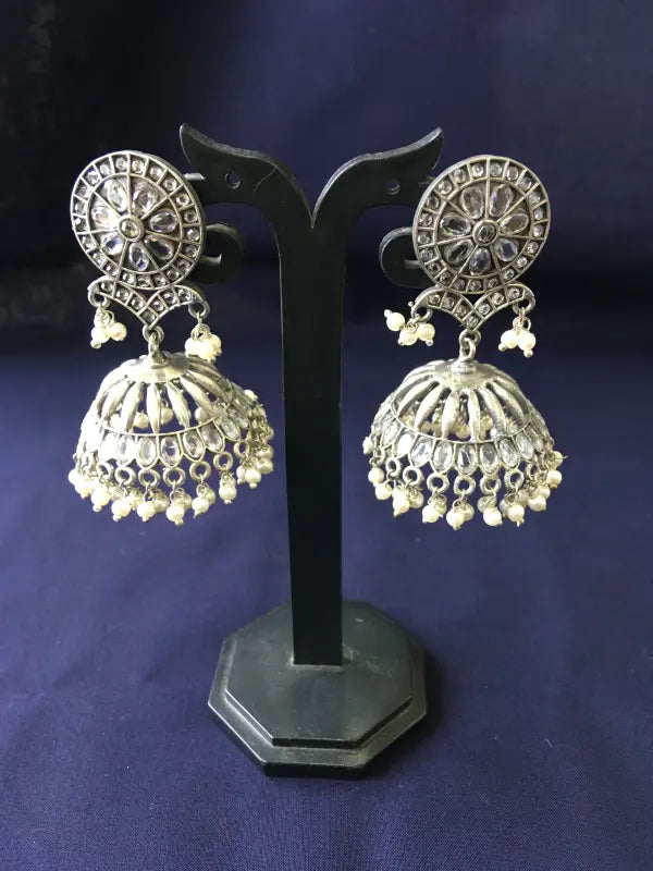 Handcrafted Matte White Necklace with Brass, Semi-Precious Stones, Beads & German Silver-Jhumka Earrings
