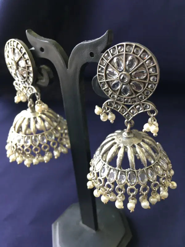 Handcrafted Matte White Necklace with Brass, Semi-Precious Stones, Beads & German Silver-Jhumka Earrings