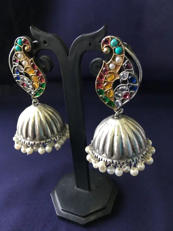 Handcrafted Matte Multi-Color Necklace with Brass, Semi-Precious Stones, Beads & German Silver-Jhumka Earrings