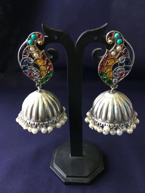 Handcrafted Matte Multi-Color Necklace with Brass, Semi-Precious Stones, Beads & German Silver-Jhumka Earrings