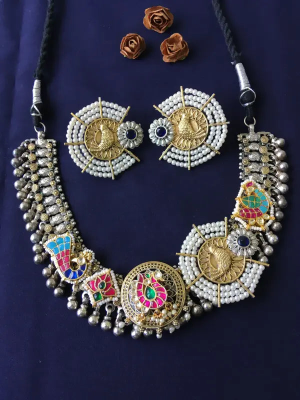 Multi-Colored Dual Tone Pachi Kundan Handcrafted Necklace-Short Necklace Sets