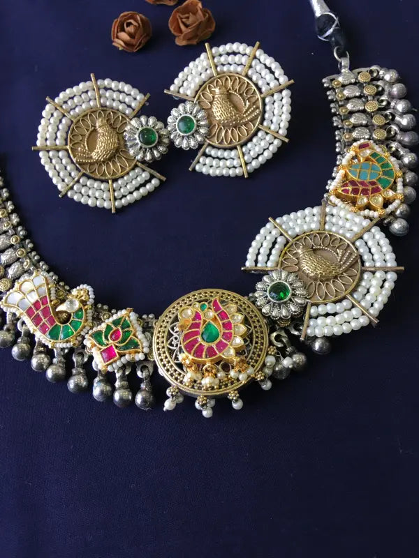Multi-Colored Dual Tone Pachi Kundan Handcrafted Necklace-Short Necklace Sets
