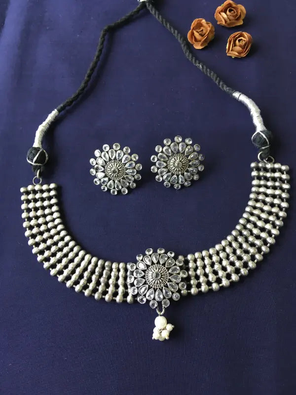 Handcrafted Oxidized Silver Tone Necklace with Glass Stones and Brass Accents-Choker Necklace Sets