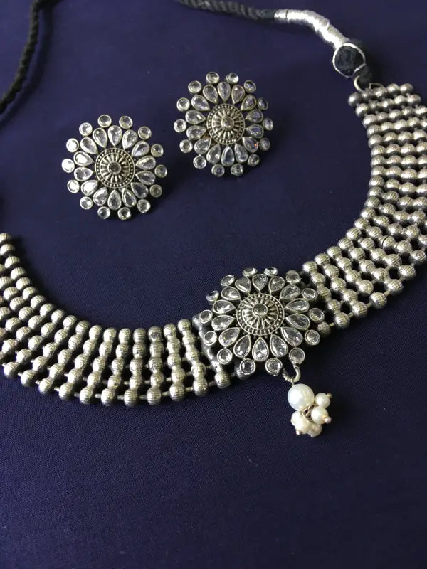 Handcrafted Oxidized Silver Tone Necklace with Glass Stones and Brass Accents-Choker Necklace Sets
