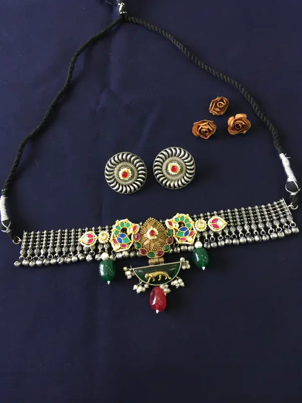 Multi-Colored Pachi Kundan and Semi-Precious Stone Statement Necklace-Choker Necklace Sets