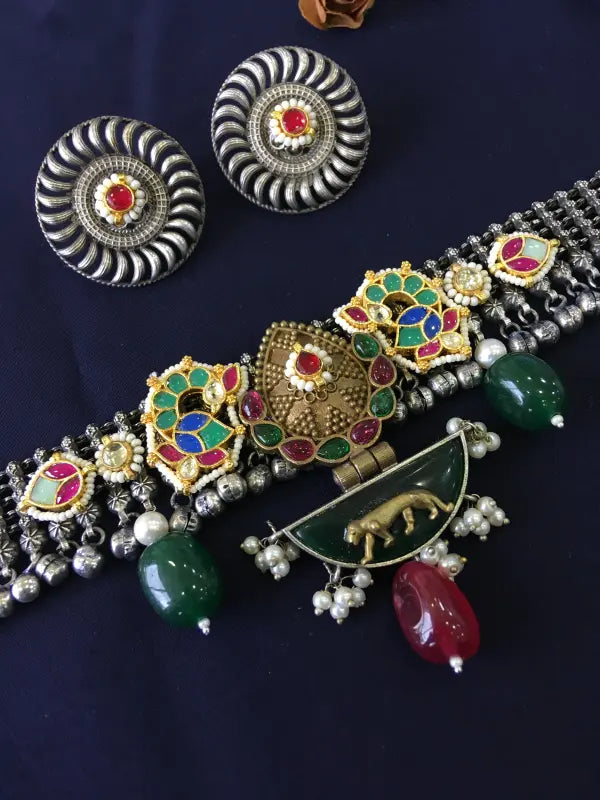 Multi-Colored Pachi Kundan and Semi-Precious Stone Statement Necklace-Choker Necklace Sets