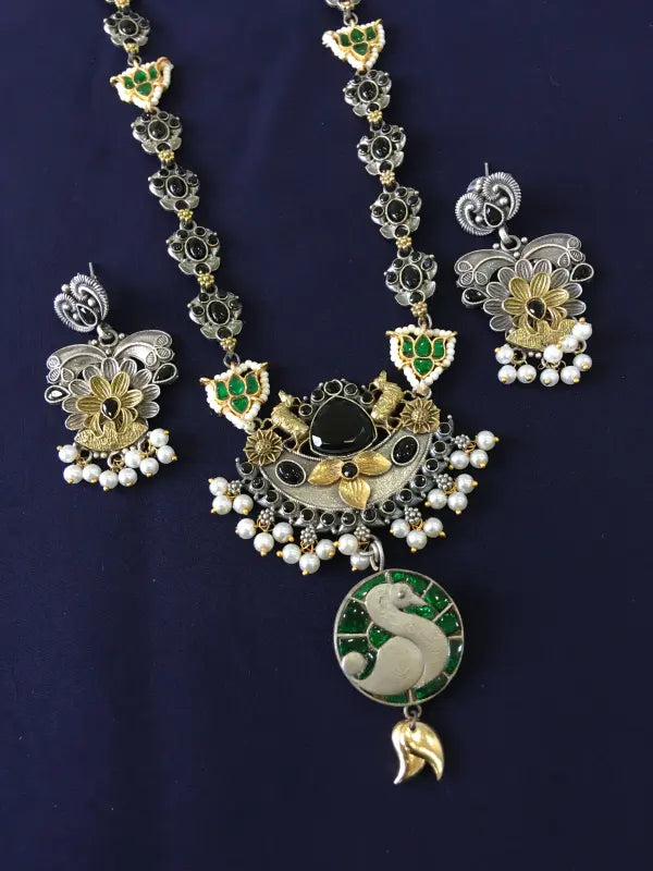 Handcrafted Black Pachi Kundan Necklace with Copper, Brass, and Cultured Pearls-Long Necklace Sets