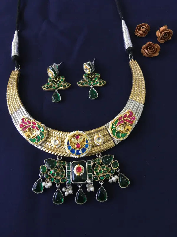 Handcrafted Pachi Kundan Necklace in Dual Tone with Semi-Precious Stones & Beadwork – Shiny Green Finish-Hasli Necklace Sets