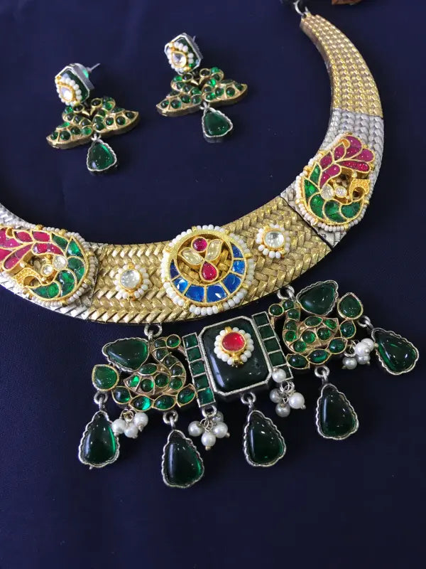 Handcrafted Pachi Kundan Necklace in Dual Tone with Semi-Precious Stones & Beadwork – Shiny Green Finish-Hasli Necklace Sets