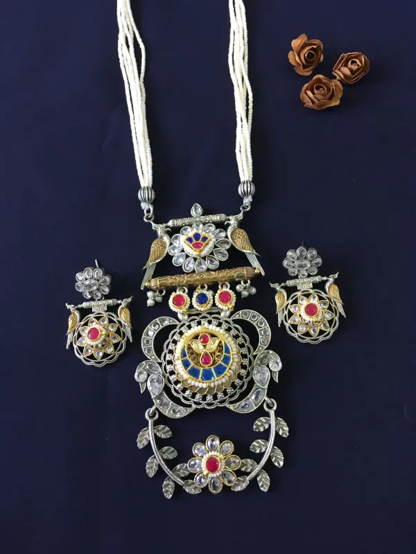 Handcrafted Pachi Kundan Necklace with Brass, Glass, Semi-Precious Stones, and Beads-Long Necklace Sets
