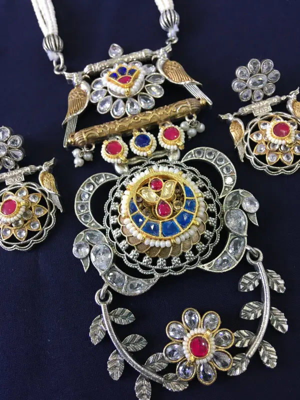 Handcrafted Pachi Kundan Necklace with Brass, Glass, Semi-Precious Stones, and Beads-Long Necklace Sets