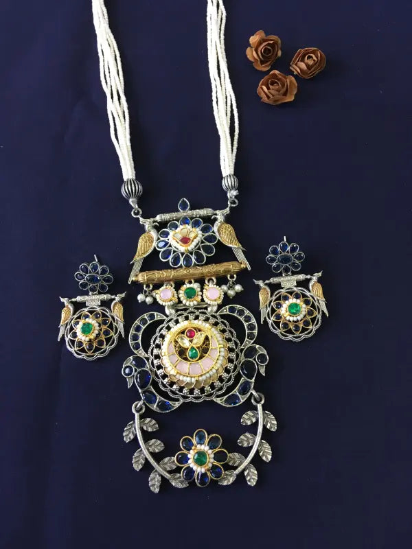 Handcrafted Pachi Kundan Necklace with Brass, Glass, Semi-Precious Stones, and Beads-Long Necklace Sets
