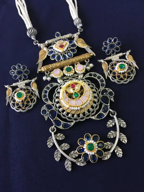 Handcrafted Pachi Kundan Necklace with Brass, Glass, Semi-Precious Stones, and Beads-Long Necklace Sets