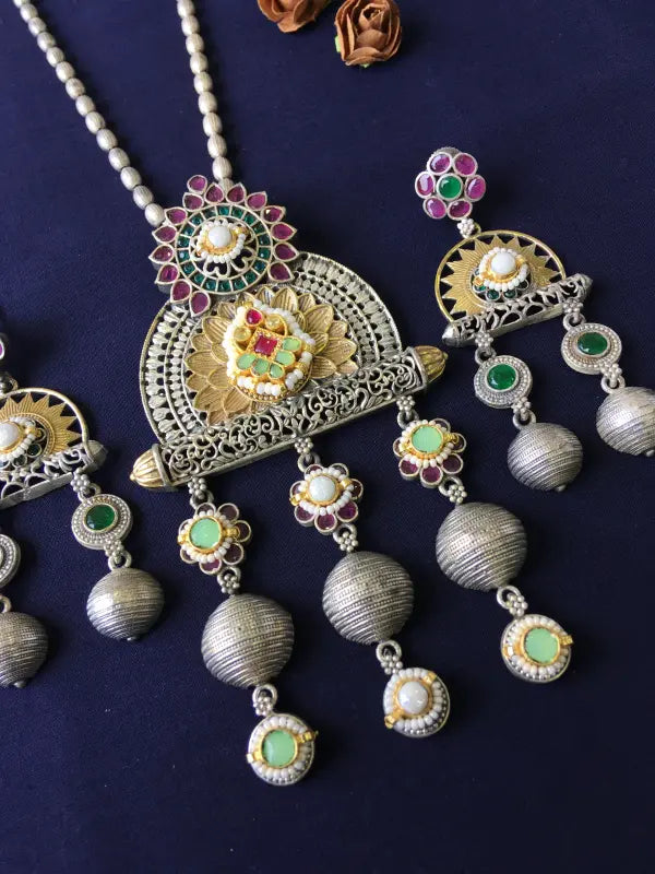 Handcrafted Dual Tone Pachi Kundan Pendant – Brass, Copper & Beadwork-Long Necklace Sets