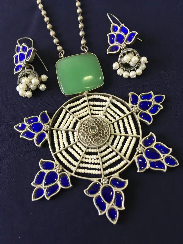 Handcrafted Dual-Tone Blue Necklace with Puwai and Beadwork-Long Necklace Sets