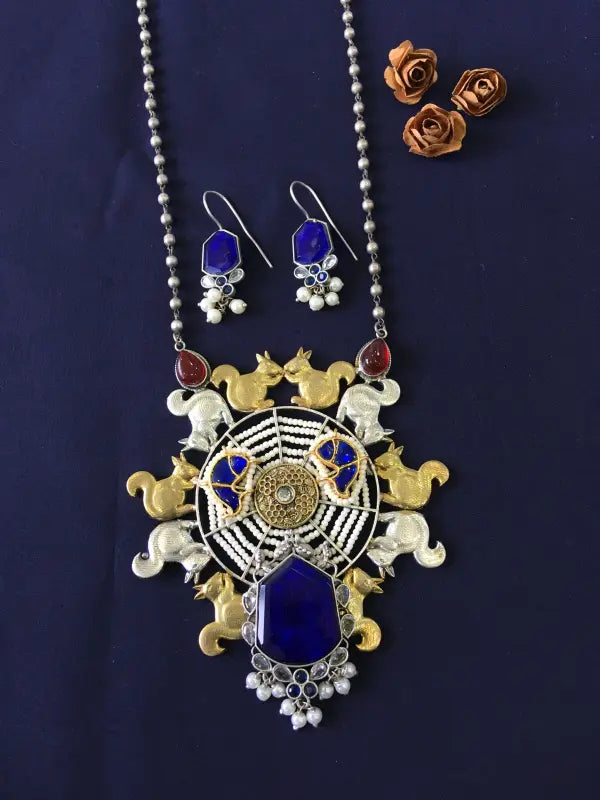 Handcrafted Dual-Tone Pachi Kundan Necklace with Semi-Precious Stones-Long Necklace Sets